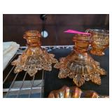 Amber Pressed Glass Candle Holders with Decorative