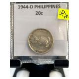 1944-D Philippines 20 Centavos Coin in Protective
