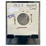 1911-S Barber Dime Encased in Staple-Mounted Cardb
