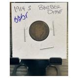 1914-S Barber Dime in Cardboard Flip