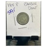 1908 P Barber Dime in Cardboard Holder