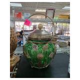 Green Glass Biscuit Jar with Silver-Tone Lid and H