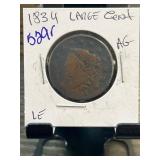 1834 Large Cent, AG Condition, Coronet Head Design