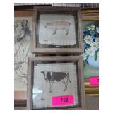 Framed Textile Artwork Featuring Cow and Pig by Un