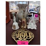 Decorative Items Including Bells, Vase, and Cast I