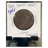 1816 Large Cent Coin with 5 HR Marking in Paper Sl
