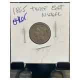 1865 Three-Cent Nickel Coin in Display Holder