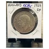 1929 Great Britain Half Crown Coin, EF Condition