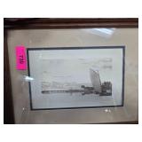 Framed Monochrome Artwork of Sailboat and Pier Sce