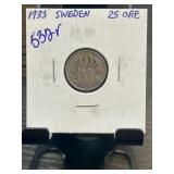 1933 Sweden 25 Ore Crowned Coin in Holder