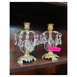 Brass and Crystal Candelabras With Dangling Prisms