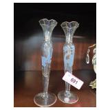 Handblown Glass Bud Vases with Blue Floral Design