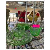 Green Depression Glass Cups, Saucers, Plates, and