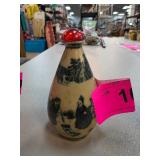 Ceramic Bottle With Blue Scenic Designs and Red To