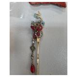 Gold and Enamel Hair Stick with Dangling Beads and