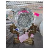Glass Paperweight with Bubbles and Ornate Brass St