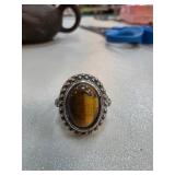 Tigerï¿½s Eye and Rhinestone Oval Ring in Silver-Ton