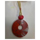 Red Stone Circular Pendant Necklace With Cord