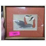 Three Framed Artworks: Waterfowl Print, Lace Cat D