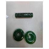 Carved Green Jade Decorative Cylinder and Two Donu