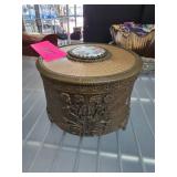 Ornate Brass Powder Box with Floral Enamel and