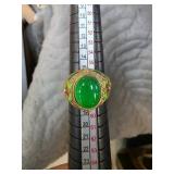 Gold-Tone Jade Ring with Enamel Floral Design