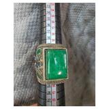 Silver Ring with Green Jade and Enamel Floral Desi