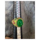 Gold-Tone Ring With Green Jade Cabochon and Enamel