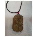 Carved Jade Pendant Necklace with Cord and Red Bea