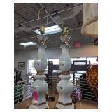 White Ceramic Table Lamps with Gold Accents and Fl