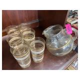 Glass Pitcher and 6 Tumblers with Gold Band Accent