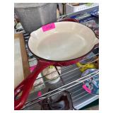 Red Enamel Cast Iron Skillet with Pour Spouts and