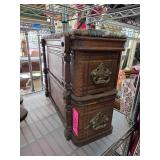 Ornate Wooden Sewing Box with Brass Handles and Up
