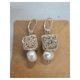 Sterling Silver Wire Cube Earrings with Pearls