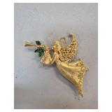 Gold-Tone JJ Marked Angel Brooch with Green and Re