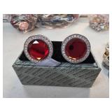 Machado Cufflinks with Red Gemstone and Silver-Ton