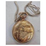 Gold-Tone Pocket Watch with Train Motif and Chain