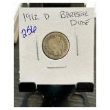 1912-D Barber Dime in Stapled Cardboard Holder