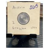 1966 Austria 2 Groschen Coin with Holder