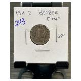 1911 D Barber Dime in XF Condition