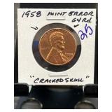 1958 Lincoln Wheat Cent Mint Error Cracked Skul