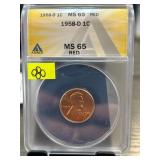 1958-D Lincoln Wheat Cent, MS65 Red, ANACS Certifi