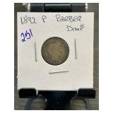 1892 P Barber Dime in Collectors Holder