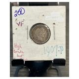 1907-P Barber Dime in VF Condition