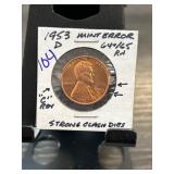 1953-D Lincoln Wheat Penny with Mint Error, Graded