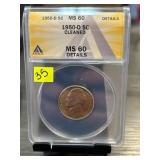1950-D Jefferson Nickel, MS 60 Details " Cleaned