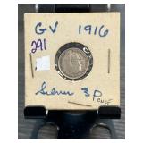 1916 George V British Silver Threepence Coin