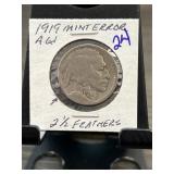 1919 Buffalo Nickel Mint Error with 2 1/2 Feathers