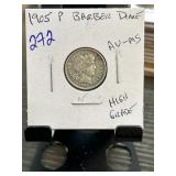 1905 P Barber Dime in AU-MS Condition