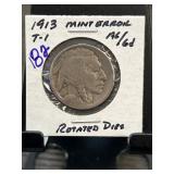 1913 Buffalo Nickel Type 1 with Rotated Die Mint E